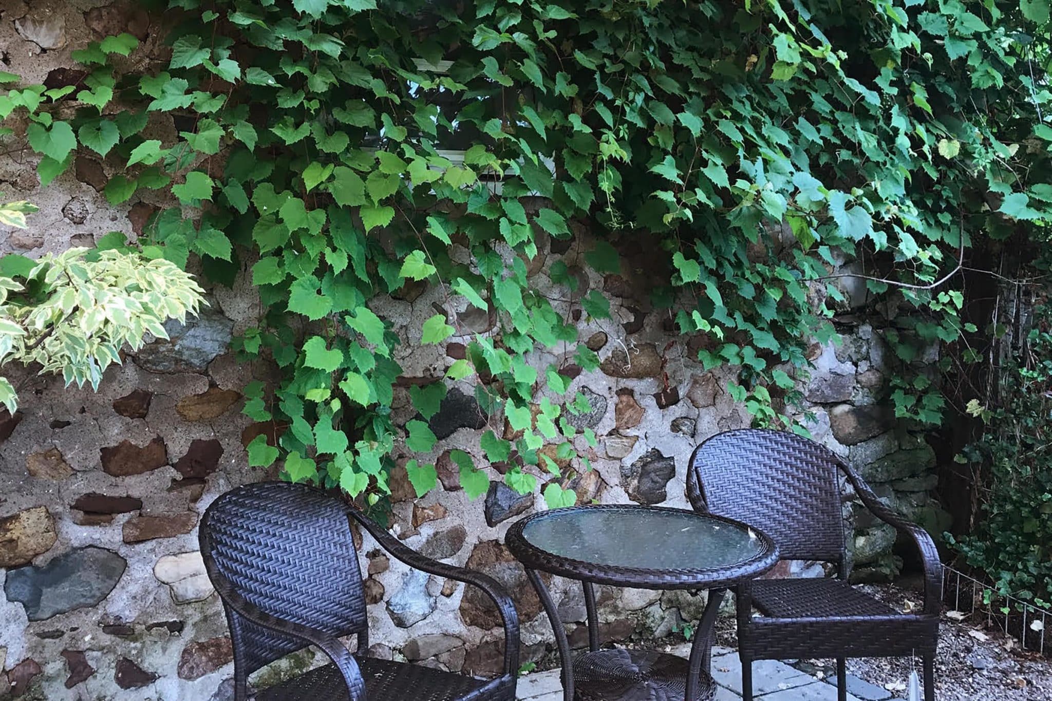 chairs and table next to a stone wall with ivy